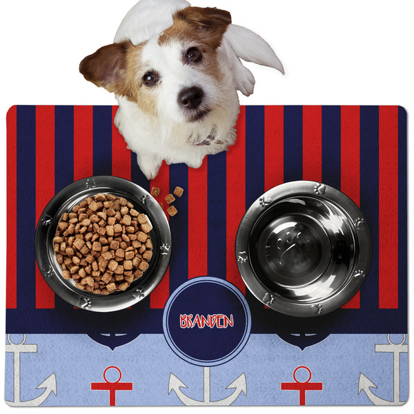 Custom Classic Anchor & Stripes Dog Food Mat - Medium w/ Name or Text