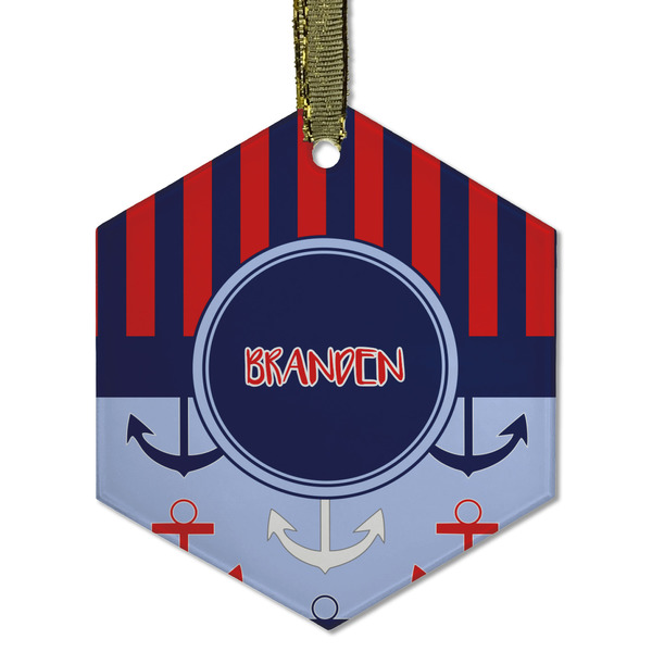 Custom Classic Anchor & Stripes Flat Glass Ornament - Hexagon w/ Name or Text