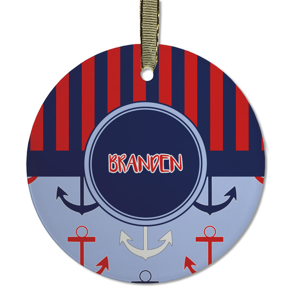 Custom Classic Anchor & Stripes Flat Glass Ornament - Round w/ Name or Text