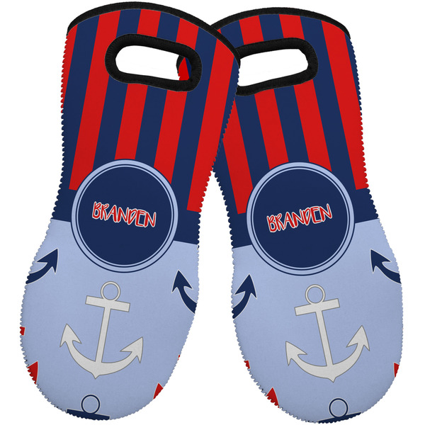 Custom Classic Anchor & Stripes Neoprene Oven Mitts - Set of 2 w/ Name or Text