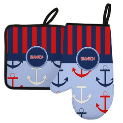 Classic Anchor & Stripes Left Oven Mitt & Pot Holder Set w/ Name or Text
