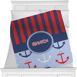 Classic Anchor & Stripes Minky Blanket - Twin / Full - 80"x60" - Double Sided w/ Name or Text