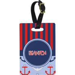 Classic Anchor & Stripes Plastic Luggage Tag - Rectangular w/ Name or Text