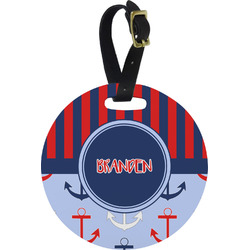Classic Anchor & Stripes Plastic Luggage Tag - Round (Personalized)
