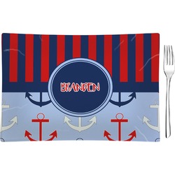 Classic Anchor & Stripes Glass Rectangular Appetizer / Dessert Plate w/ Name or Text