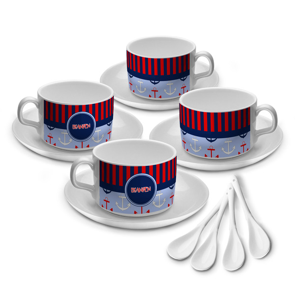 Custom Classic Anchor & Stripes Tea Cup - Set of 4 (Personalized)