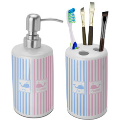 Striped w/ Whales Ceramic Bathroom Accessories Set (Personalized)