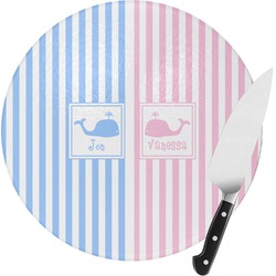 Striped w/ Whales Round Glass Cutting Board - Medium (Personalized)