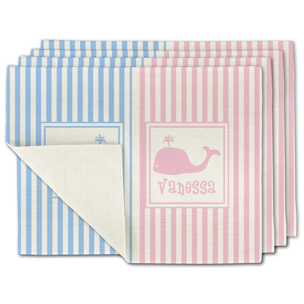 Custom Striped w/ Whales Single-Sided Linen Placemat - Set of 4 w/ Multiple Names