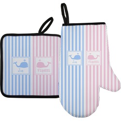 Striped w/ Whales Right Oven Mitt & Pot Holder Set w/ Multiple Names