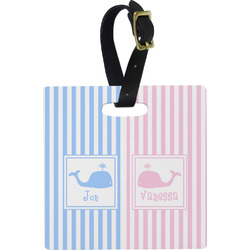Striped w/ Whales Plastic Luggage Tag - Square w/ Multiple Names