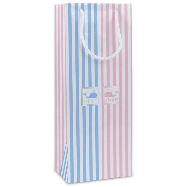 Custom Striped w/ Whales Wine Gift Bags - Matte (Personalized)