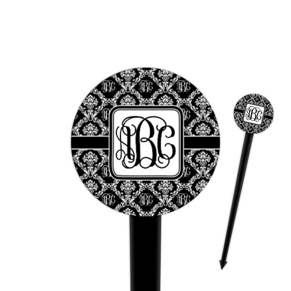 Custom Monogrammed Damask 4" Round Plastic Food Picks - Black - Single Sided