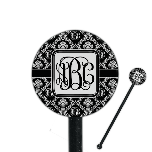 Custom Monogrammed Damask 5.5" Round Plastic Stir Sticks - Black - Double Sided