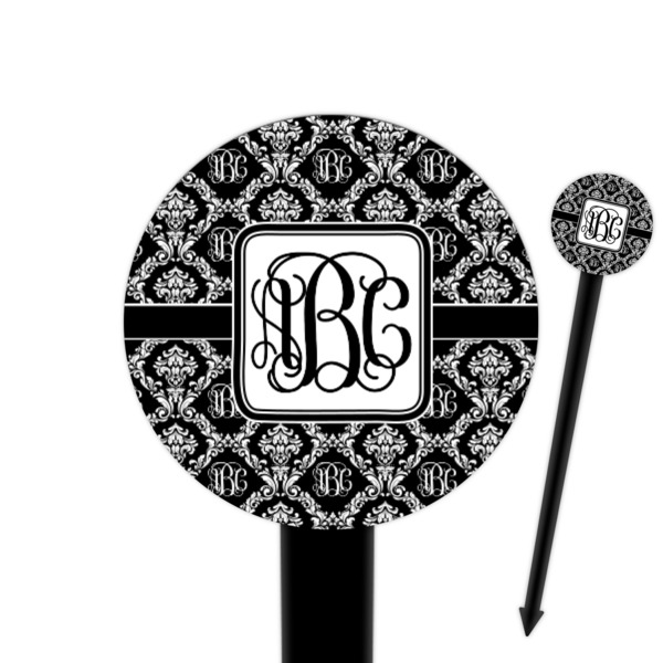 Custom Monogrammed Damask 6" Round Plastic Food Picks - Black - Double Sided