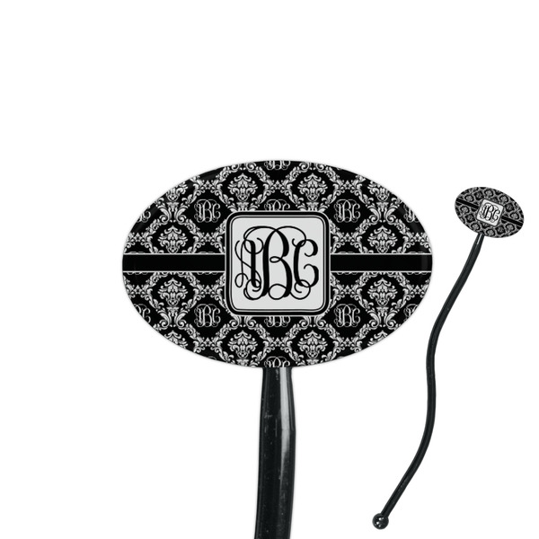 Custom Monogrammed Damask 7" Oval Plastic Stir Sticks - Black - Single Sided