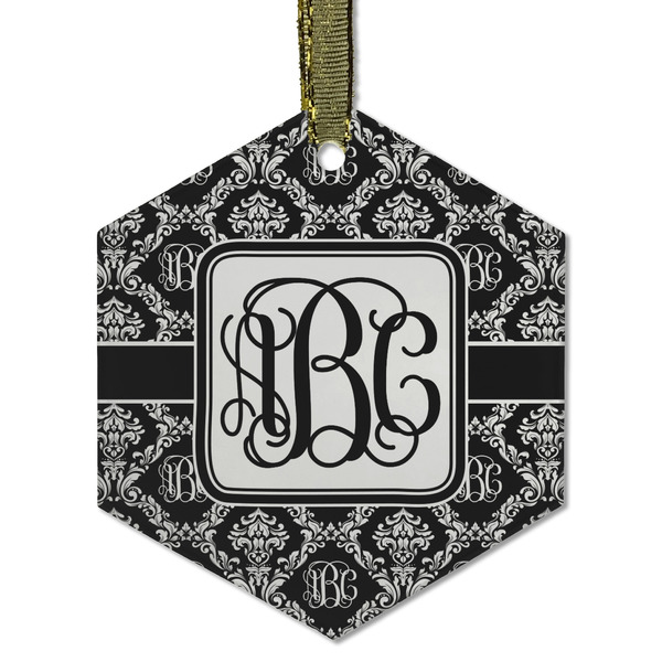 Custom Monogrammed Damask Flat Glass Ornament - Hexagon