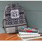 Monogrammed Damask Large Backpack - Gray - On Desk