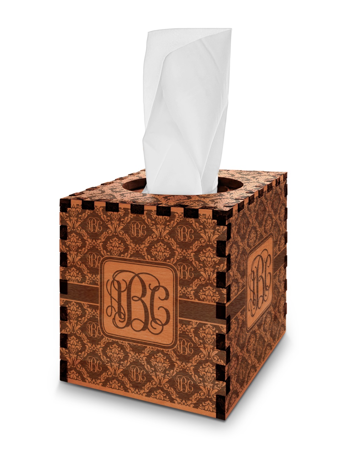 Monogrammed Damask Cherry Wood Tissue Box Cover - Square (Personalized ...