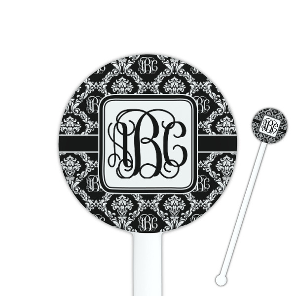 Custom Monogrammed Damask 5.5" Round Plastic Stir Sticks - White - Single Sided