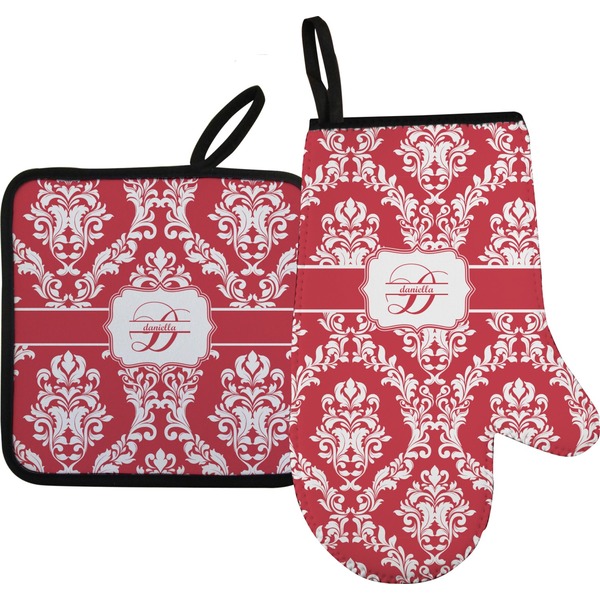 Custom Damask Oven Mitt & Pot Holder Set w/ Name and Initial