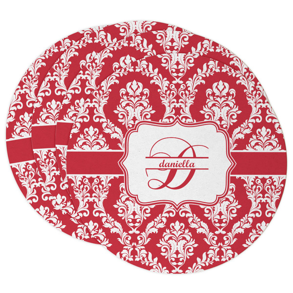 Custom Damask Round Paper Coasters w/ Name and Initial