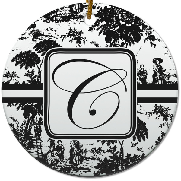 Custom Toile Round Ceramic Ornament w/ Initial