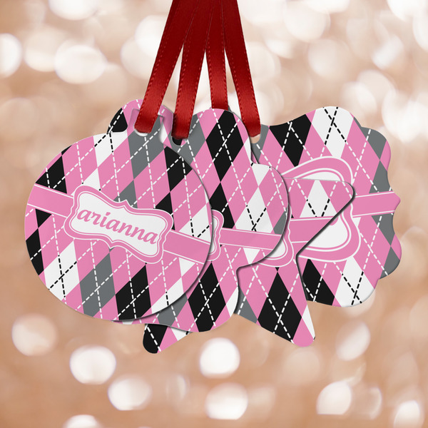 Custom Argyle Metal Ornaments - Double Sided w/ Name or Text