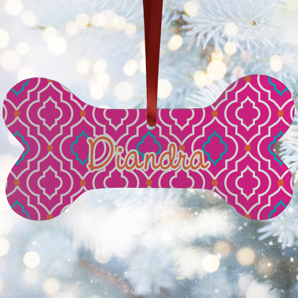 Custom Colorful Trellis Ceramic Dog Ornament w/ Monograms