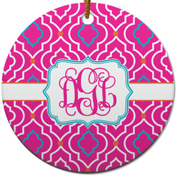 Colorful Trellis Round Ceramic Ornament w/ Monogram