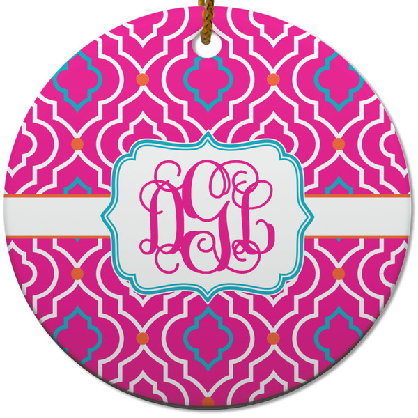 Custom Colorful Trellis Round Ceramic Ornament w/ Monogram