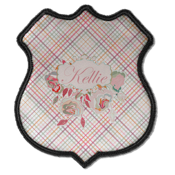 Custom Modern Plaid & Floral Iron On Shield Patch C w/ Name or Text