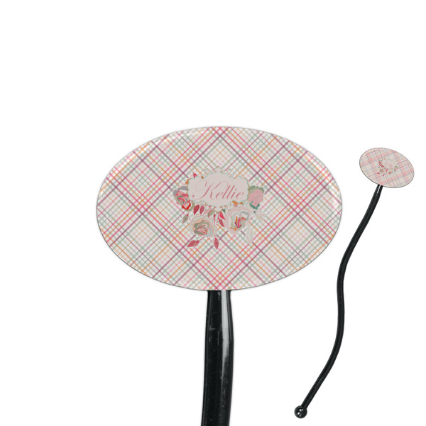 Custom Modern Plaid & Floral 7" Oval Plastic Stir Sticks - Black - Double Sided (Personalized)
