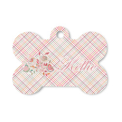 Modern Plaid & Floral Bone Shaped Dog ID Tag - Small (Personalized)