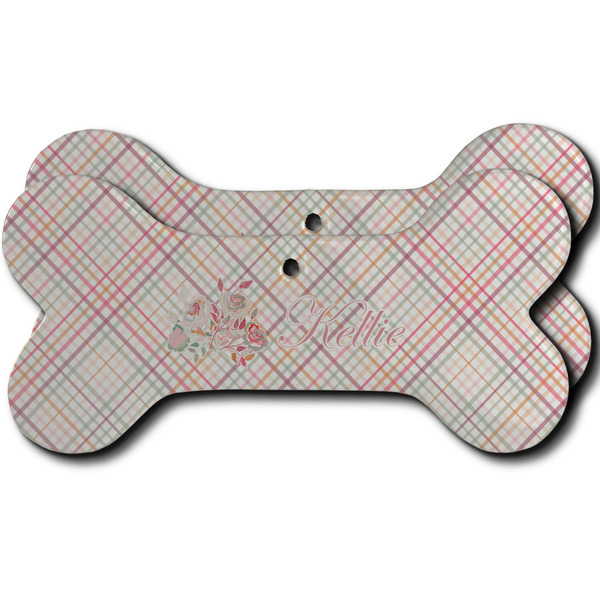 Custom Modern Plaid & Floral Ceramic Dog Ornament - Front & Back w/ Name or Text