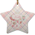 Modern Plaid & Floral Star Ceramic Ornament w/ Name or Text