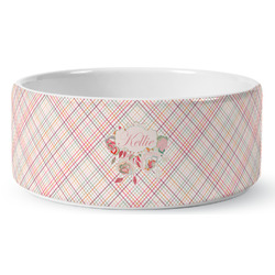 Modern Plaid & Floral Ceramic Dog Bowl - Large (Personalized)