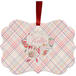 Modern Plaid & Floral Metal Frame Ornament - Double Sided w/ Name or Text