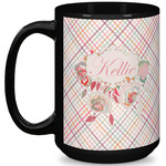 Modern Plaid & Floral 15 Oz Coffee Mug - Black (Personalized)