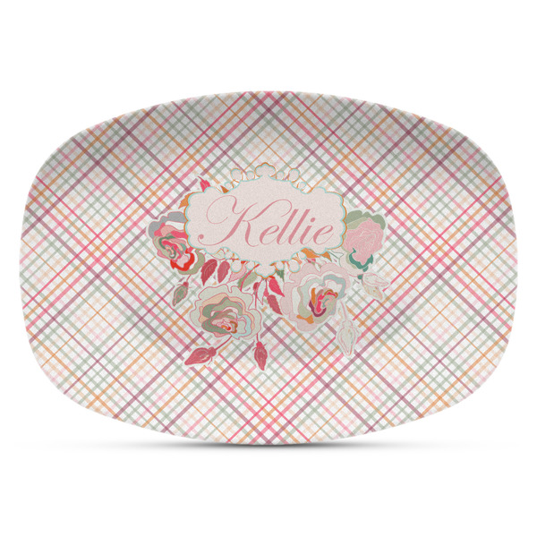 Custom Modern Plaid & Floral Plastic Platter - Microwave & Oven Safe Composite Polymer (Personalized)