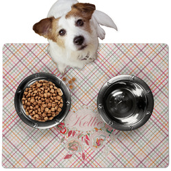 Modern Plaid & Floral Dog Food Mat - Medium w/ Name or Text