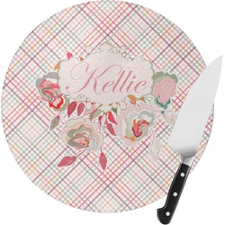 Modern Plaid & Floral Round Glass Cutting Board (Personalized)