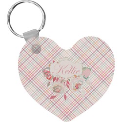 Modern Plaid & Floral Heart Plastic Keychain w/ Name or Text