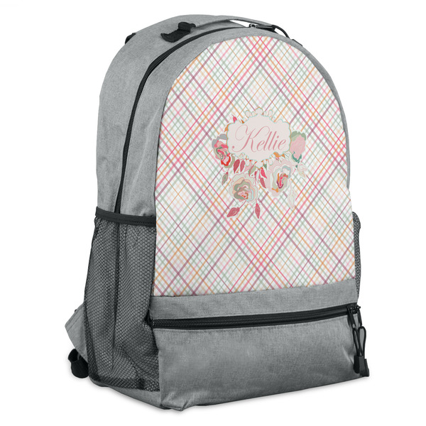 Custom Modern Plaid & Floral Backpack - Grey (Personalized)