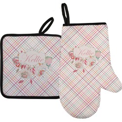 Modern Plaid & Floral Oven Mitt & Pot Holder Set w/ Name or Text