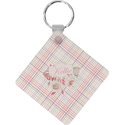 Modern Plaid & Floral Diamond Plastic Keychain w/ Name or Text