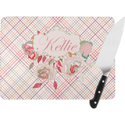 Modern Plaid & Floral Rectangular Glass Cutting Board - Medium - 11"x8" (Personalized)