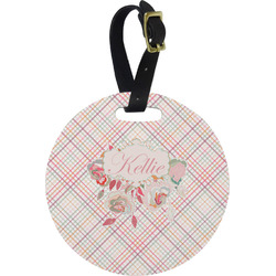 Modern Plaid & Floral Plastic Luggage Tag - Round (Personalized)