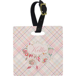 Modern Plaid & Floral Plastic Luggage Tag - Square w/ Name or Text