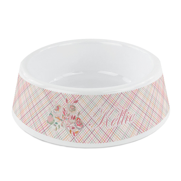 Custom Modern Plaid & Floral Plastic Dog Bowl - Small (Personalized)